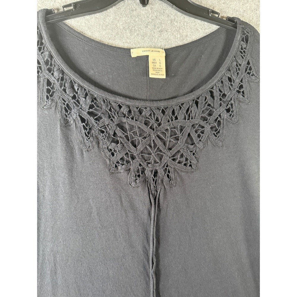 DKNY Jeans Womens Black Crochet Lace Neck Dolman Sleeve Blouson Top Large